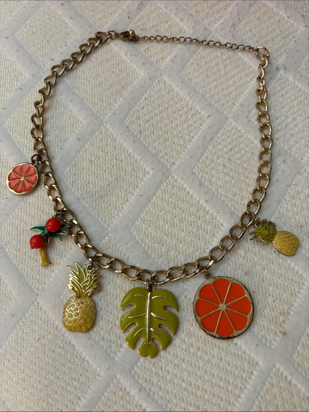 Gold-Tone Tropical Charm Necklace with Green and Orange Enamel
